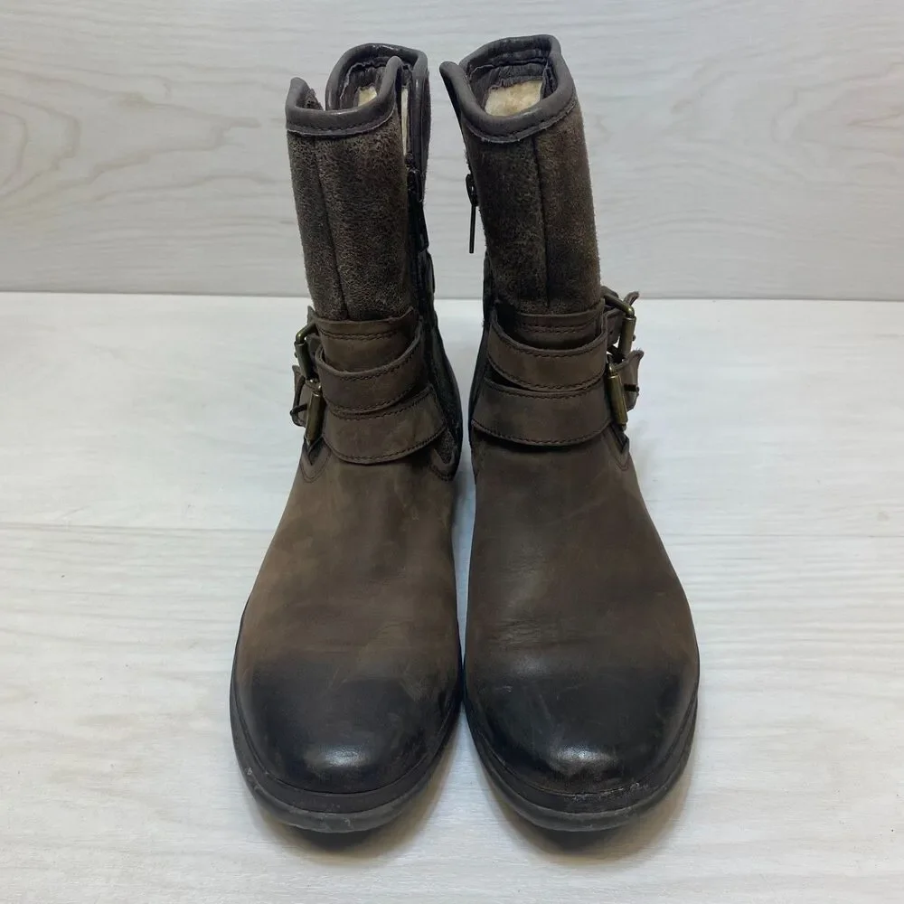 UGG Simmens Biker Boots Women's Size 6.5 Brown Leather Waterproof‎ Buckle Straps